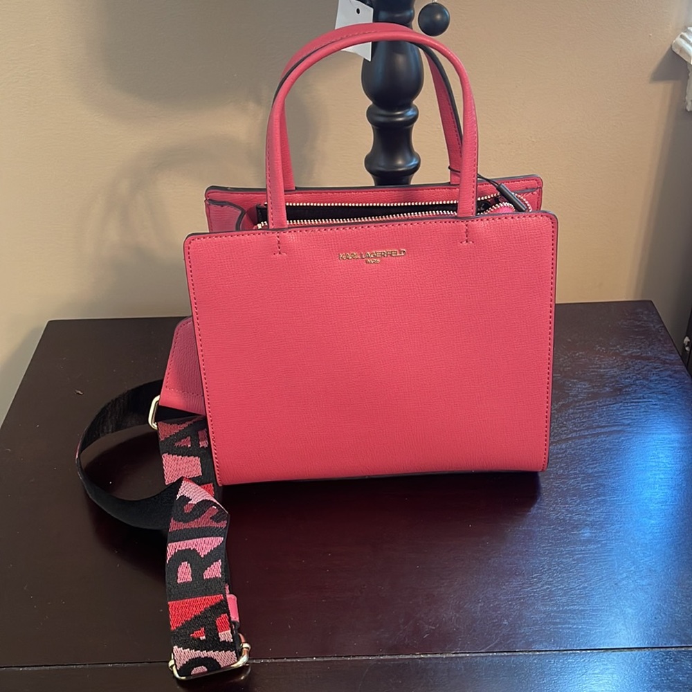 KARL LAGERFELD Pink MAYBELLE Guitar LOGO Strap CROSSBODY Satchel BAG